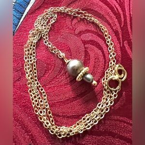 14K Yellow Gold Cable Chain Necklace 18” w/Baroque Gray-Blue Pearl Pendant-1.48g